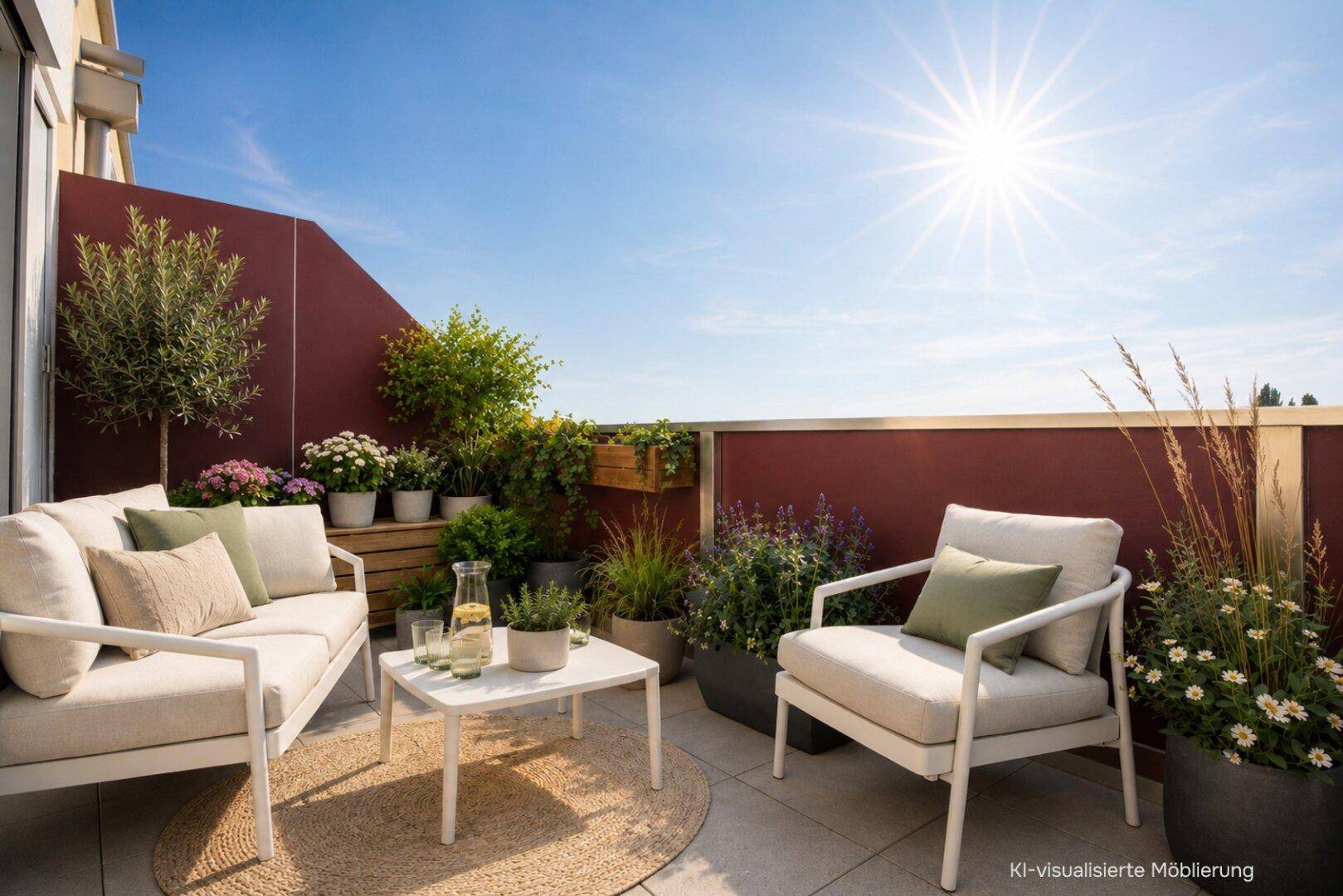 Sonniger Balkon mit bequemen Gartenmöbeln und vielfältiger Bepflanzung für entspannte Stunden.