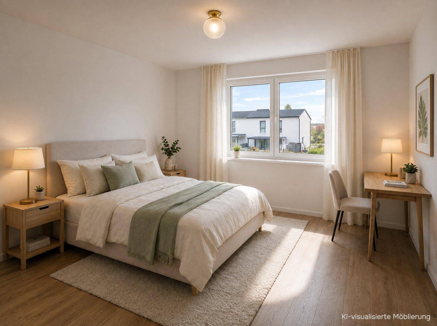 Gemütliches Schlafzimmer mit Doppelbett, Nachttischen und einem Schreibtisch am Fenster.