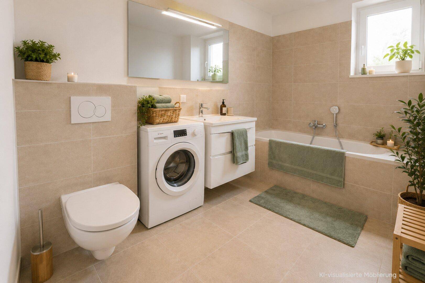 Modernes Badezimmer mit beigen Fliesen, Badewanne, Toilette und integrierter Waschmaschine.