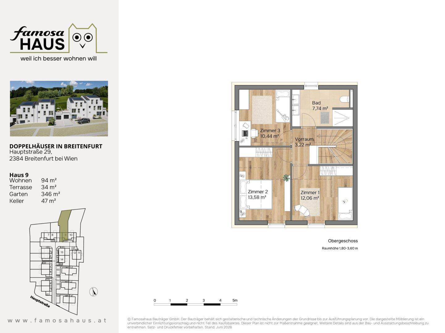 Grundriss des Obergeschosses von Haus 9 mit drei Schlafzimmern und einem Badezimmer.