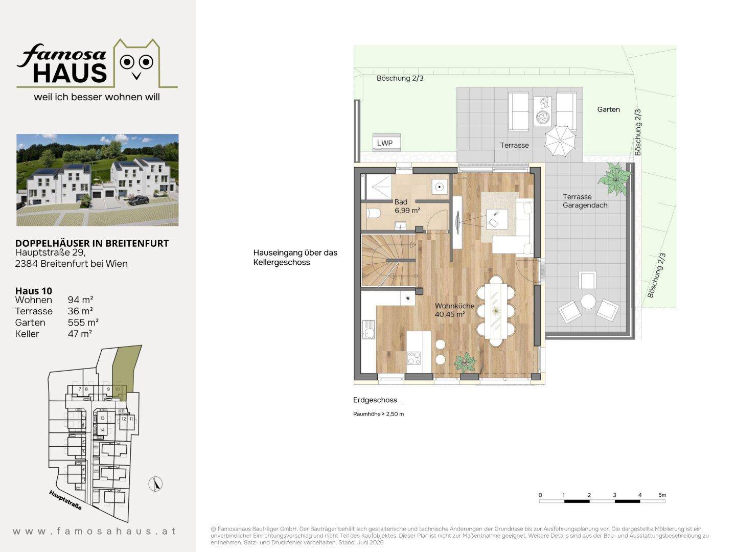 Grundriss des Erdgeschosses mit offenem Wohn- und Essbereich, Küche, Bad und Zugang zu Terrasse und Garten.