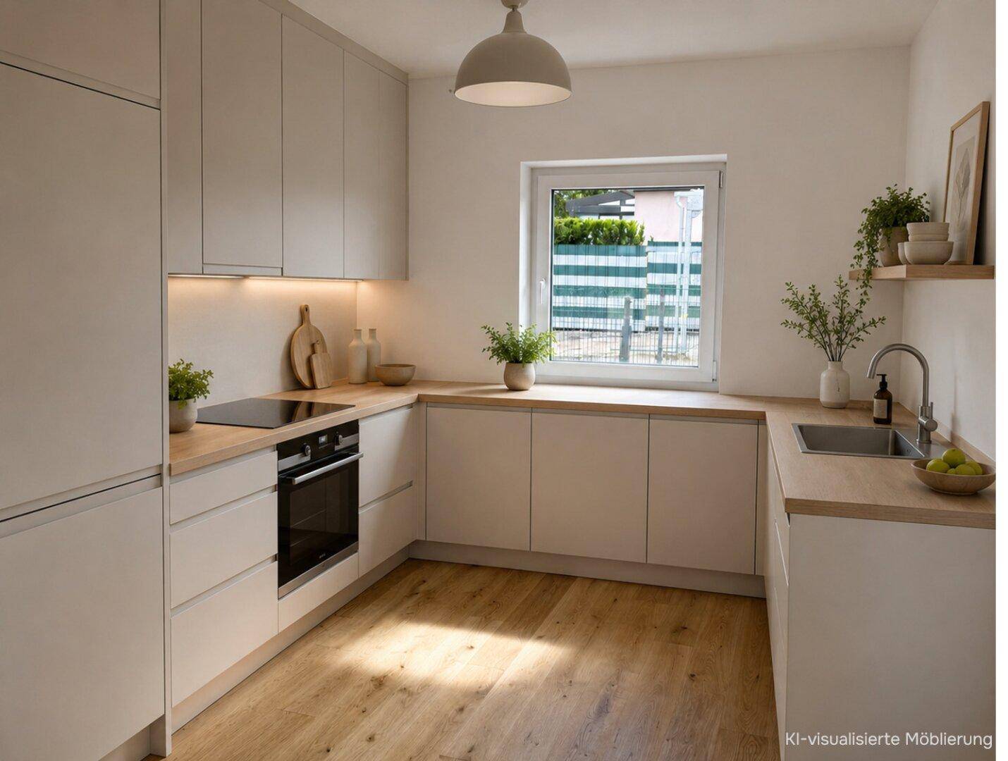 Helle, moderne Küche mit hellgrauen Schränken, Holz-Arbeitsplatten und Fensterblick ins Grüne.