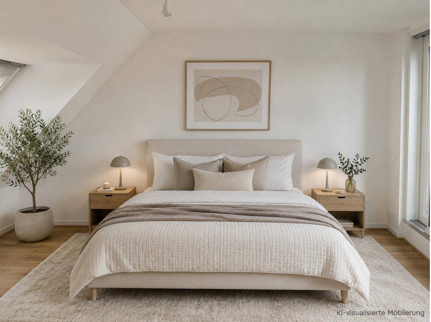 Gemütliches Schlafzimmer mit großem Doppelbett, Nachttischen und Dachschräge.