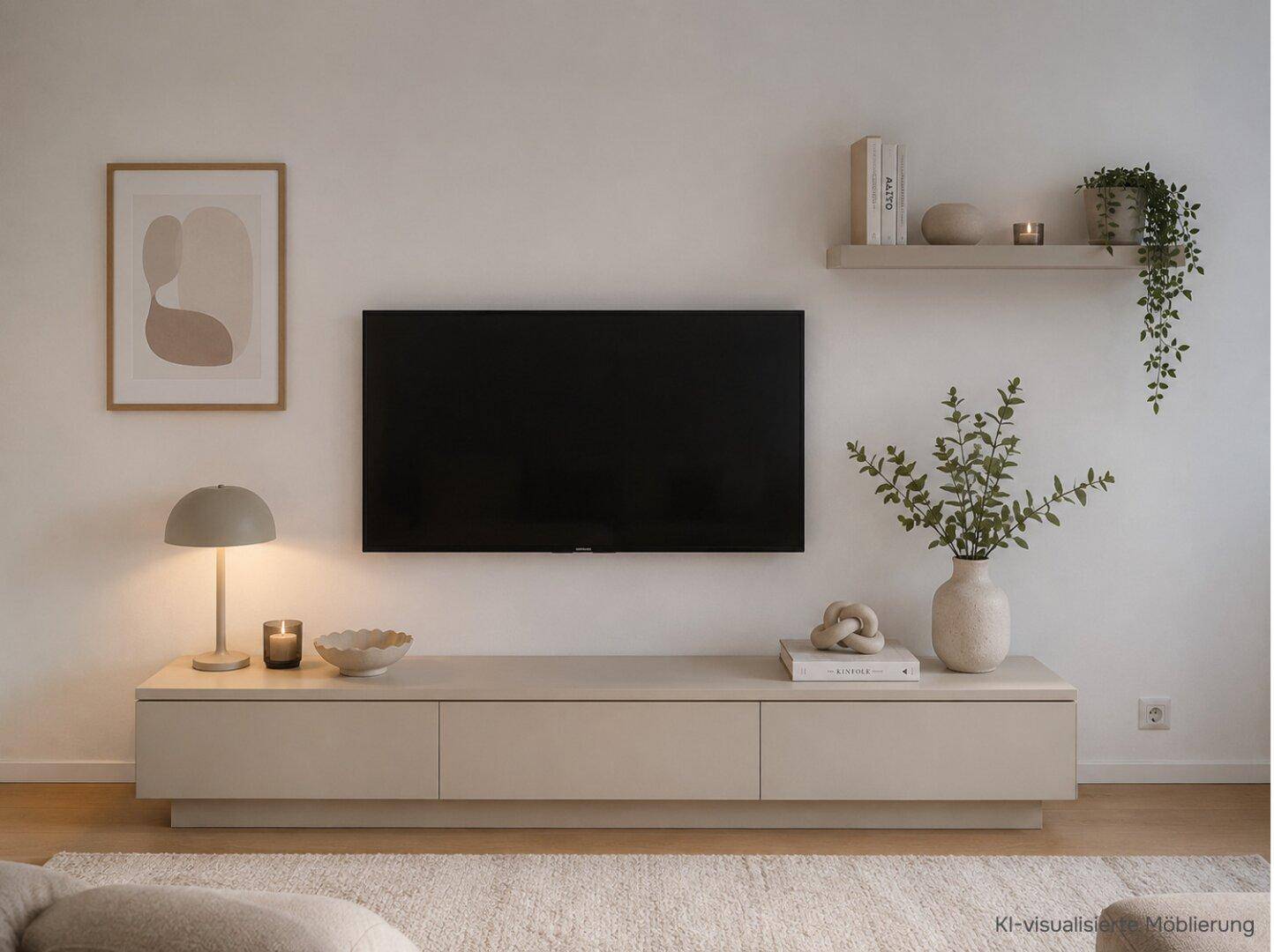 Modern eingerichteter Wohnbereich mit minimalistischem TV-Möbel und dezenter Dekoration.