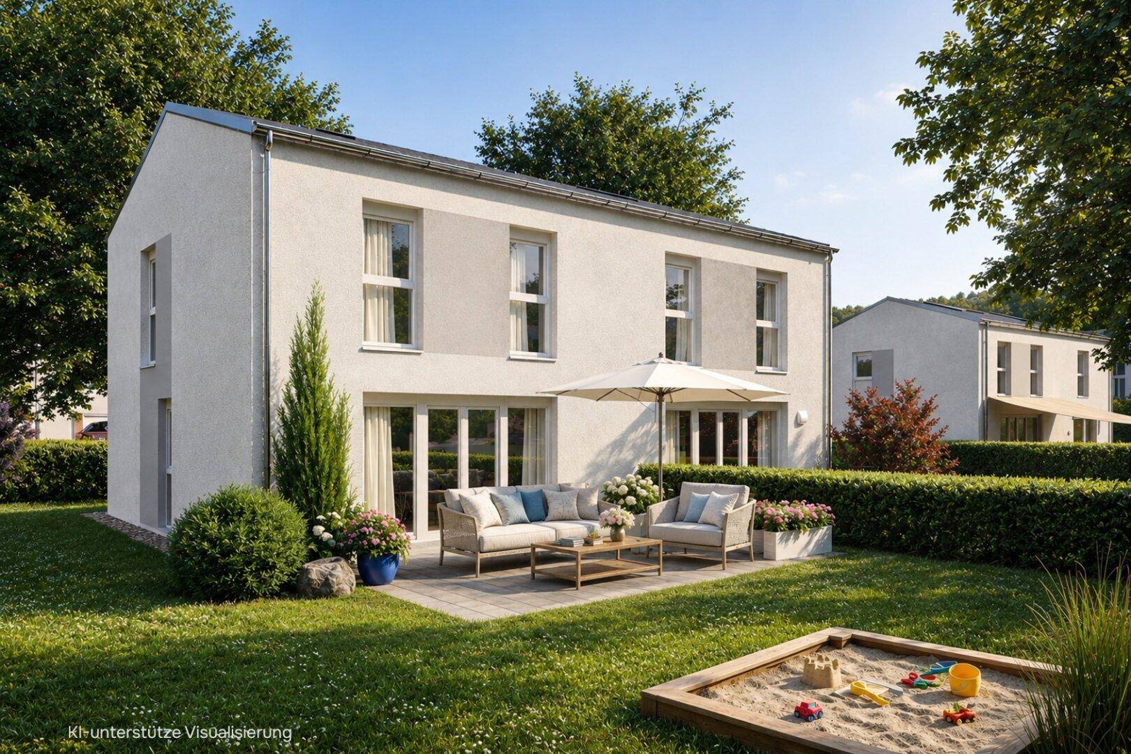 Modernes Einfamilienhaus mit heller Fassade, großer Terrasse und gepflegtem Garten inklusive Sandkasten.