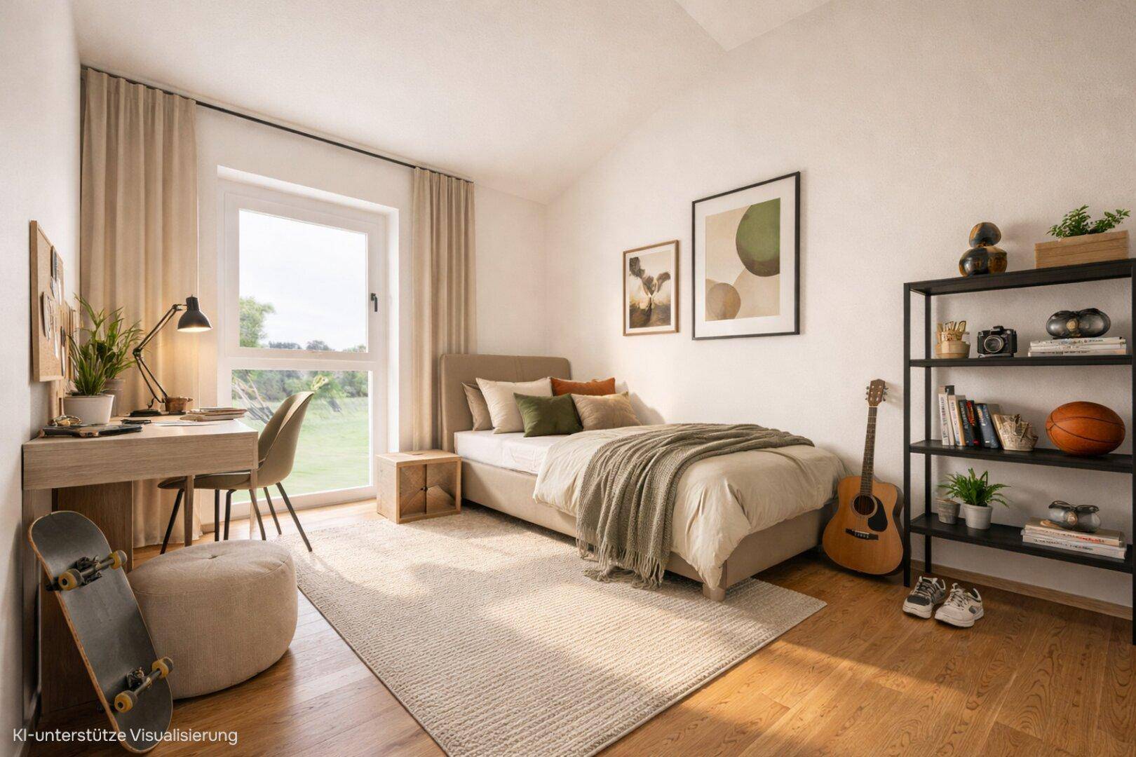 Jugendzimmer mit Einzelbett, Schreibtisch, Holzboden und großem Fenster mit Blick ins Grüne.