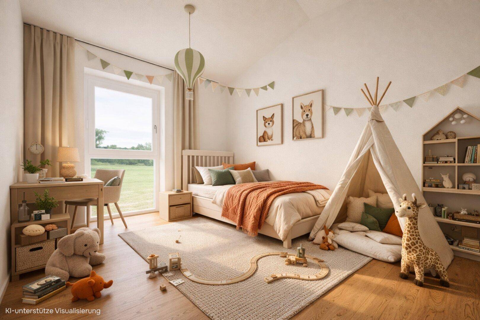 Freundliches Kinderzimmer mit Einzelbett, Spielbereich, Holzboden und großem Fenster.