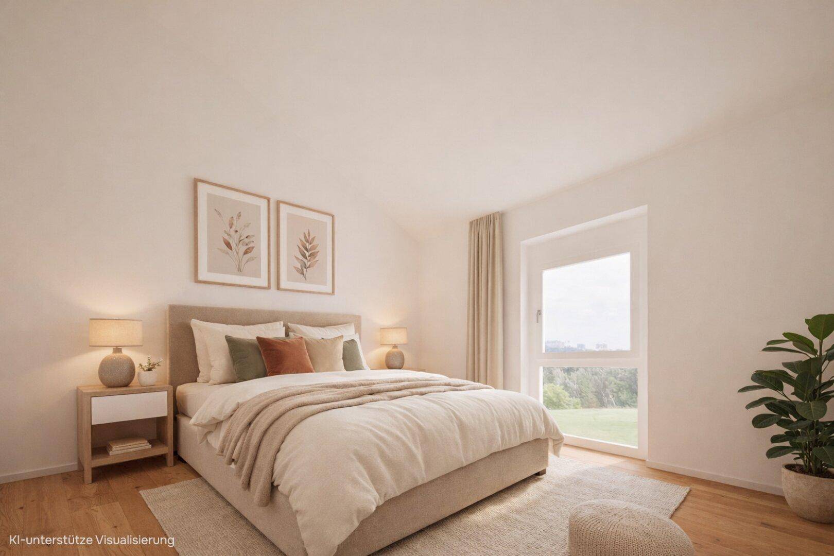 Helles Schlafzimmer mit Doppelbett, Holzboden und großem Fenster mit Blick ins Grüne.