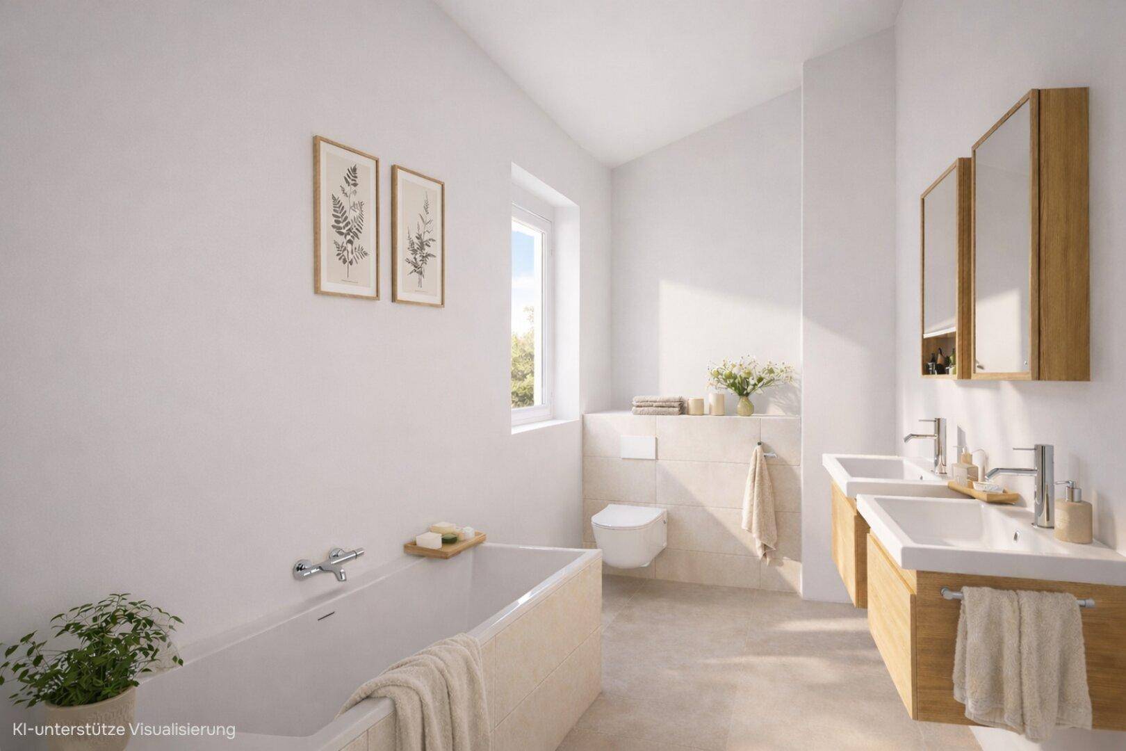 Modernes Badezimmer mit Doppelwaschbecken, Badewanne, Wand-WC und Fenster für Tageslicht.