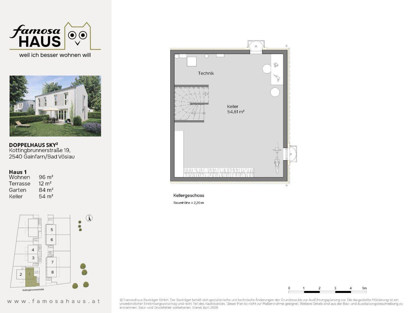 Grundriss des Kellergeschosses mit großem Kellerraum und Technikbereich.