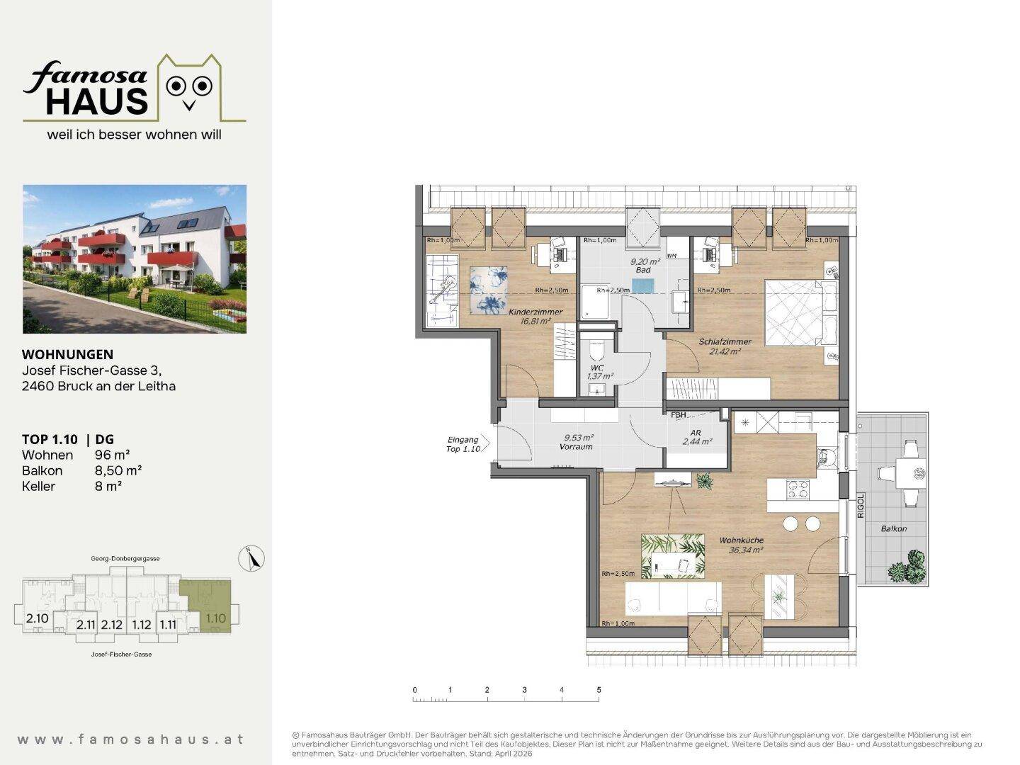 Grundriss einer Wohnung mit offenem Wohnbereich, zwei Schlafzimmern und einem Balkon.
