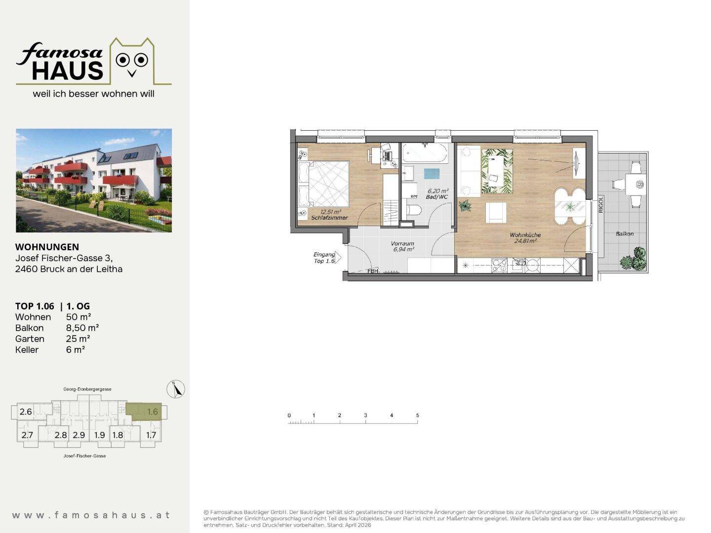 Detaillierter Grundriss einer modernen Wohnung mit Schlafzimmer, offener Wohnküche, Bad und Balkon.