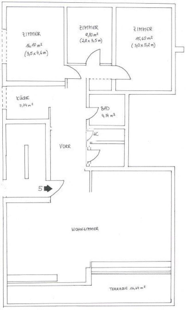 Handgezeichneter Grundriss der Wohnung mit Zimmern, Küche, Bad und Terrasse.