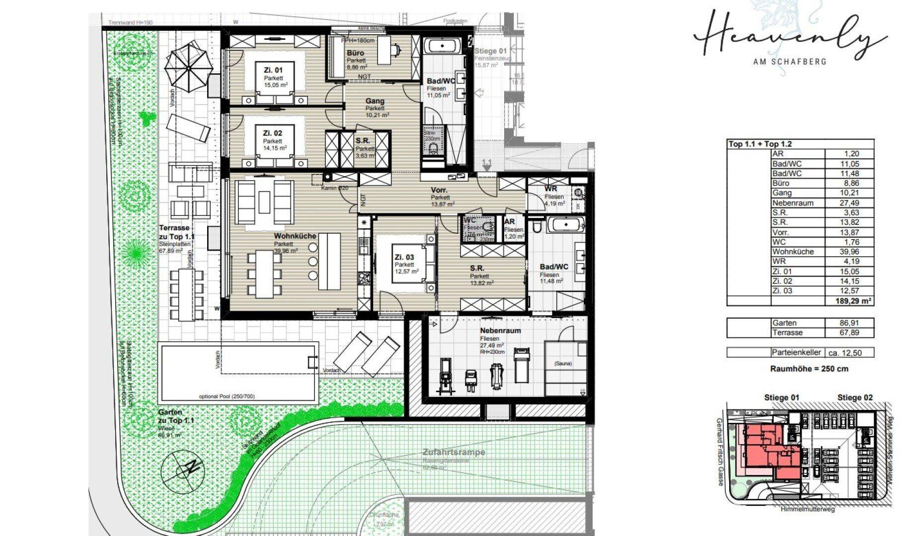 Detaillierter Grundriss einer Wohnung mit Terrasse, Garten und optionalem Pool, inklusive Raumaufteilung.