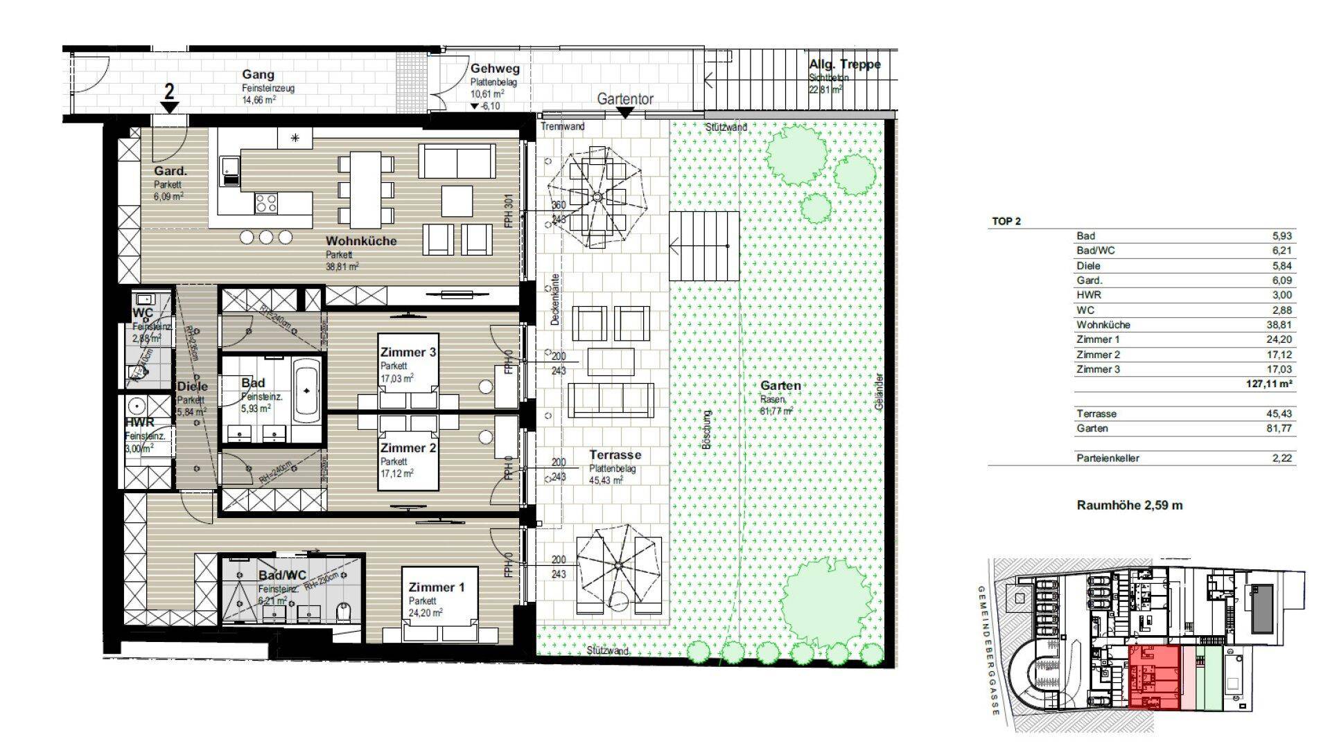 Detaillierter Grundriss einer Wohnung mit drei Zimmern, offener Wohnküche, Terrasse und Garten.
