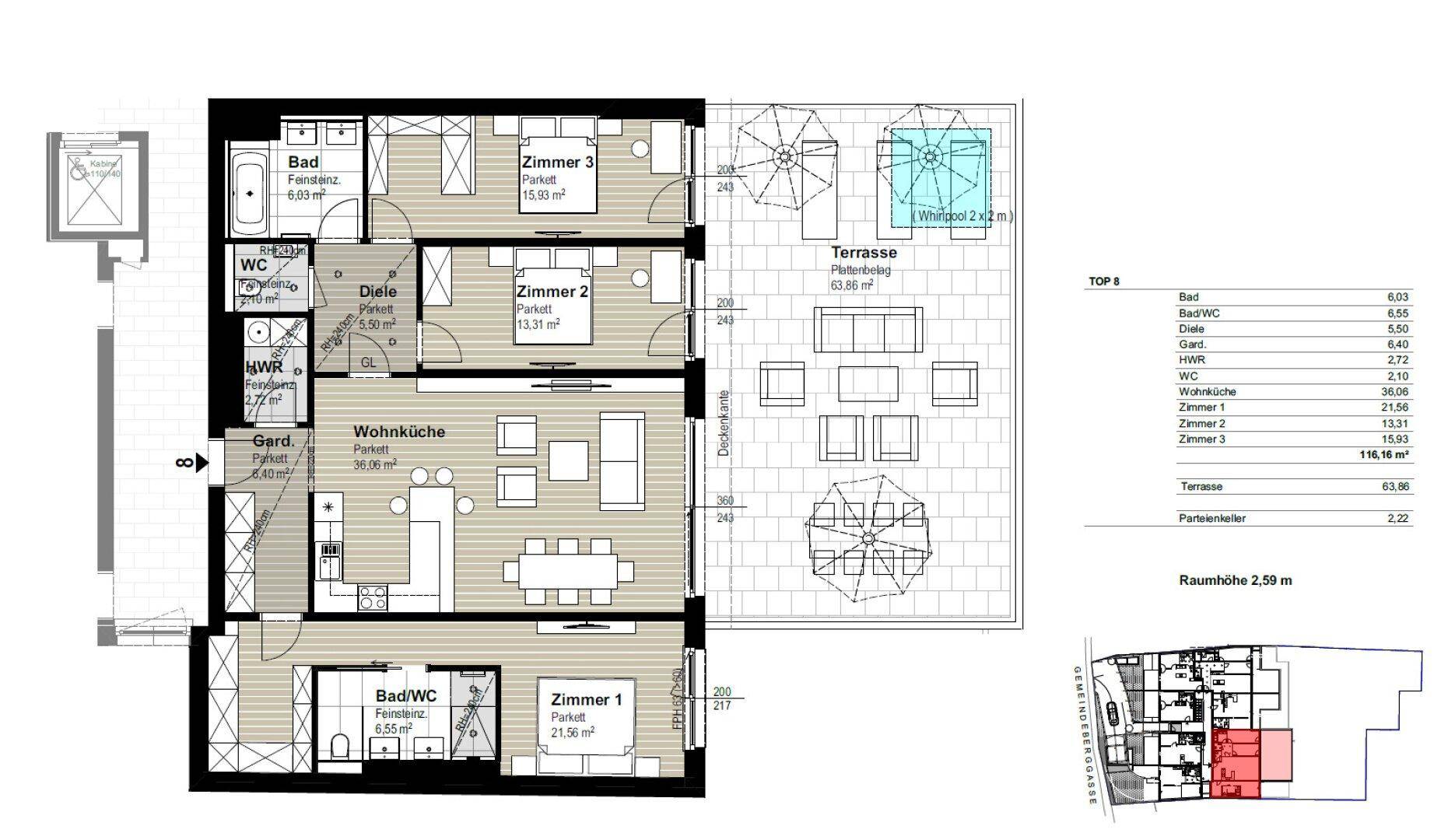 Detaillierter Grundriss einer Wohnung mit drei Zimmern, offener Wohnküche und großer Terrasse.