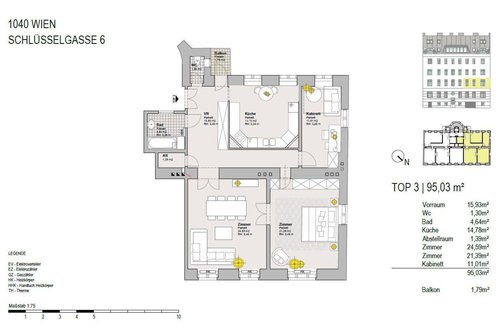 Detaillierter Grundriss einer Wohnung mit drei Zimmern, offener Küche und Balkon.
