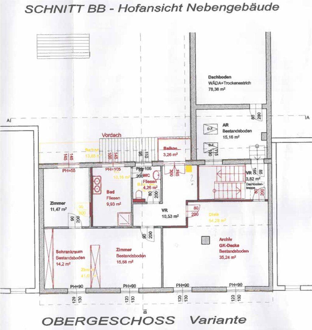 Grundriss des Obergeschosses mit Zimmern, Bad, Balkon und Dachboden.