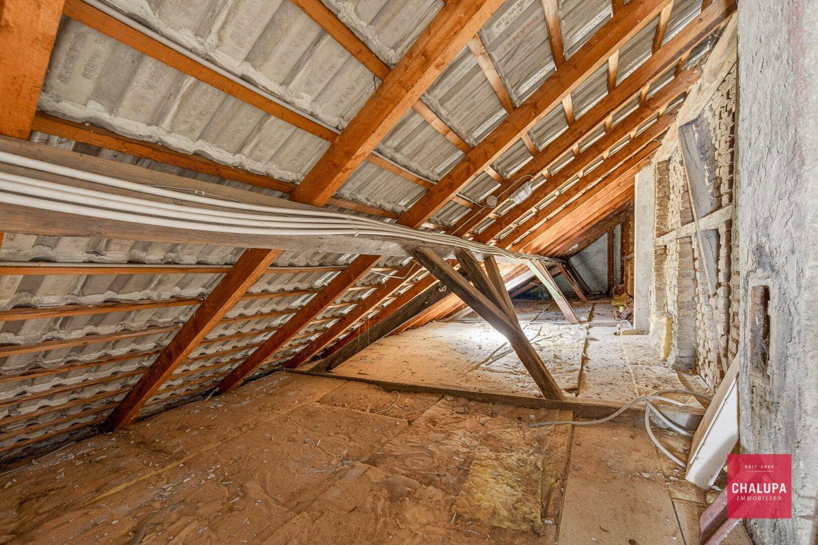 Unausgebauter Dachboden mit sichtbaren Holzbalken und Dachkonstruktion.