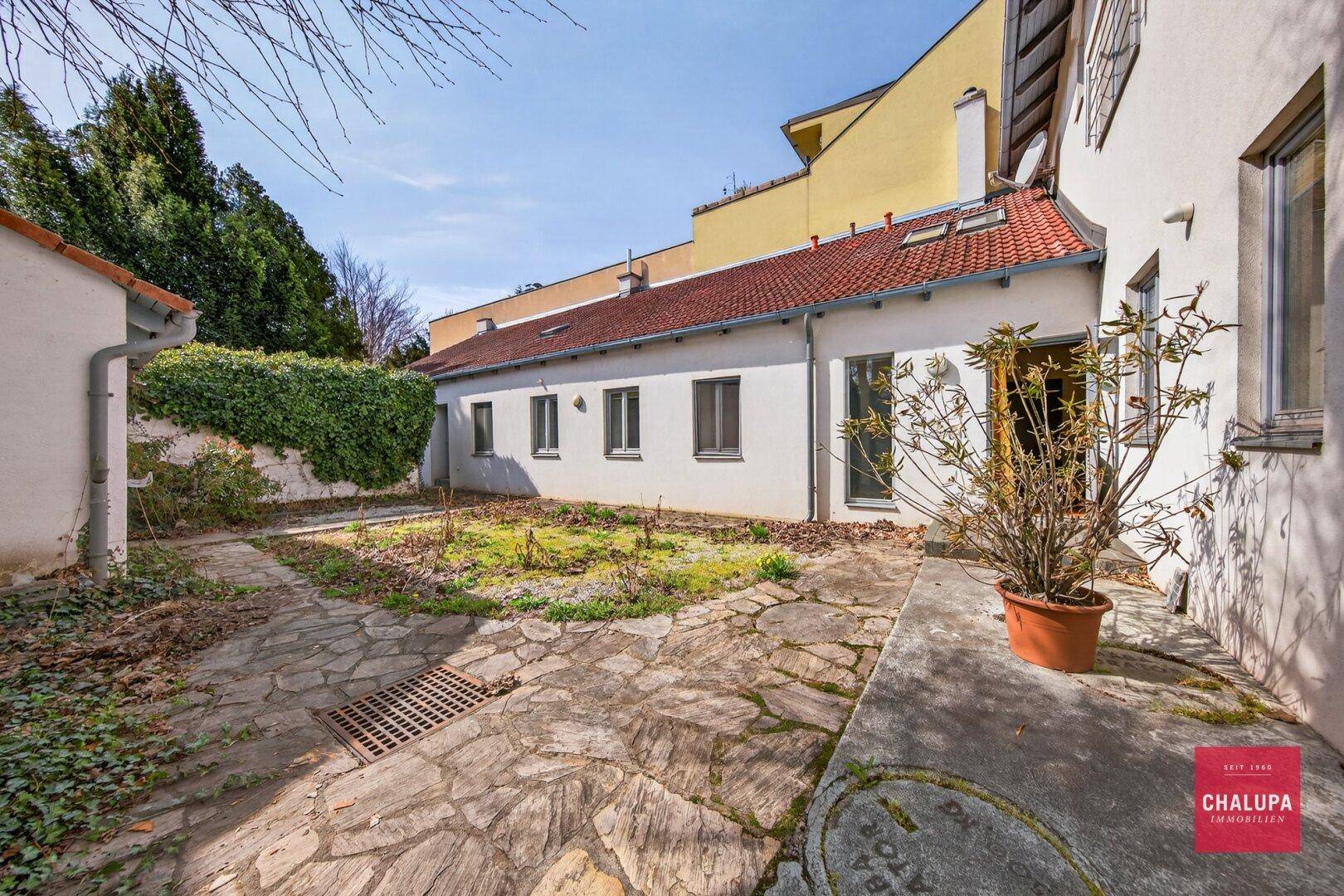 Hinterhof mit Steinplattenweg, Gartenfläche und Gebäudefassade.