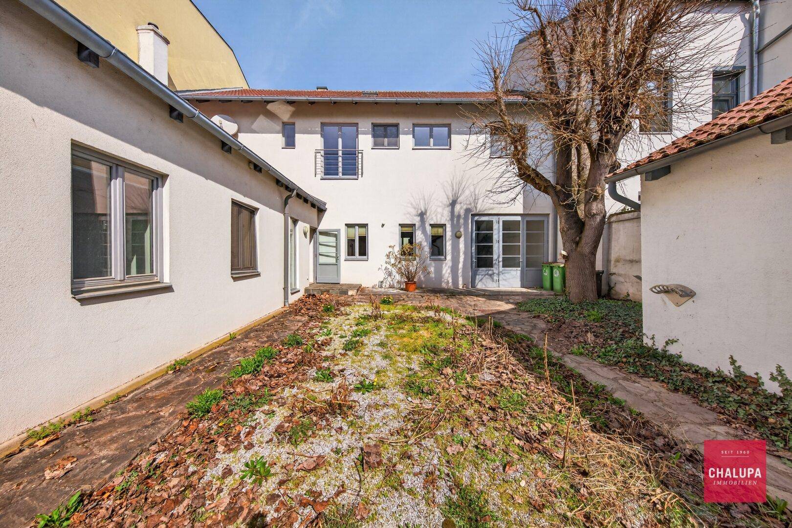 Hinterhof mit Gartenfläche, Bäumen und Zugang zum Gebäude.