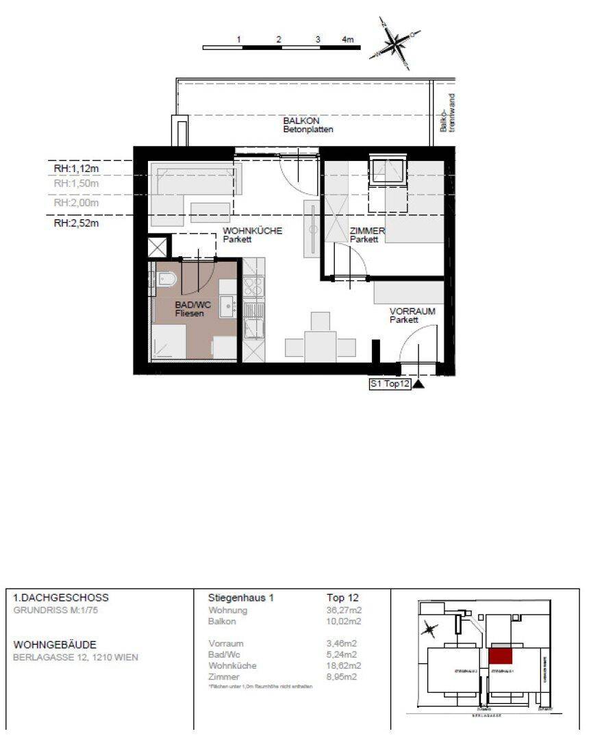 Grundriss einer Dachgeschosswohnung mit offenem Wohnbereich, Balkon und Bad/WC.