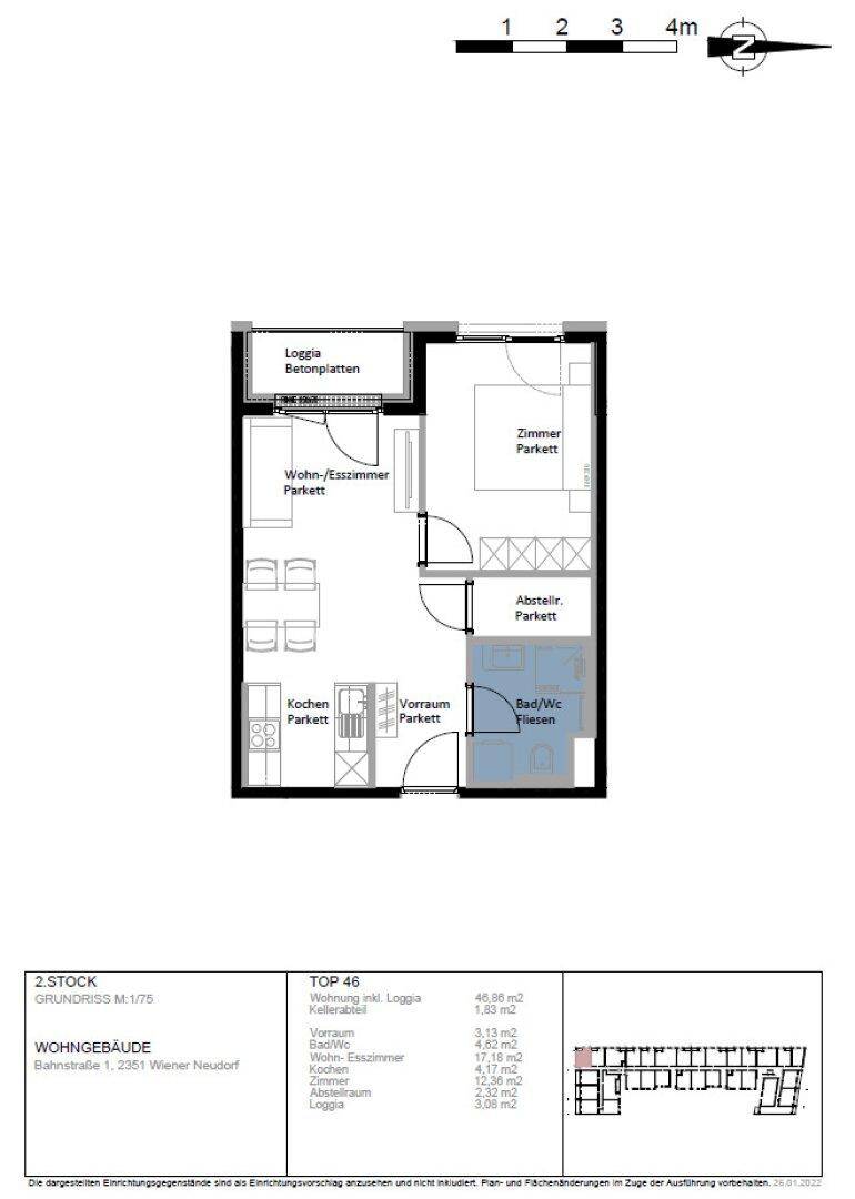 Grundriss einer Zweizimmerwohnung mit Loggia, offenem Wohnbereich, Schlafzimmer und Abstellraum.