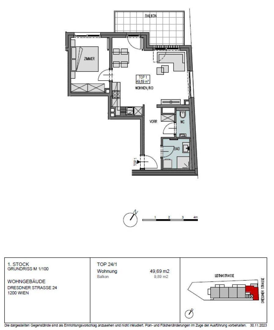 Grundriss einer Wohnung im ersten Stock mit Balkon, Schlafzimmer und offenem Wohnbereich.