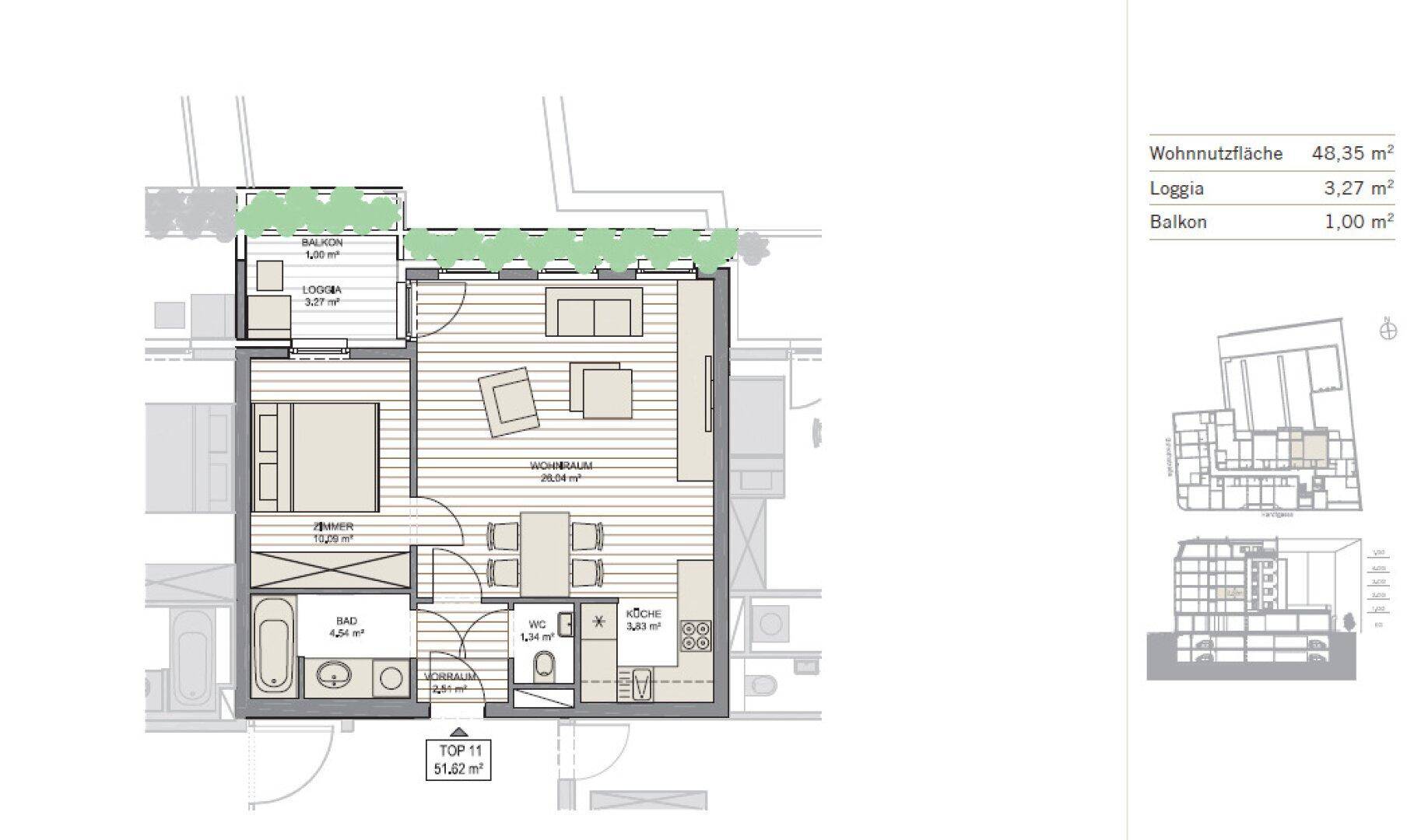 Detaillierter Grundriss einer Wohnung mit einem Schlafzimmer, offenem Wohnbereich, Balkon und Loggia.