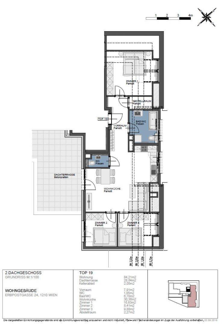 Grundriss des 2. Dachgeschosses mit Dachterrasse, Wohnküche und drei Zimmern.