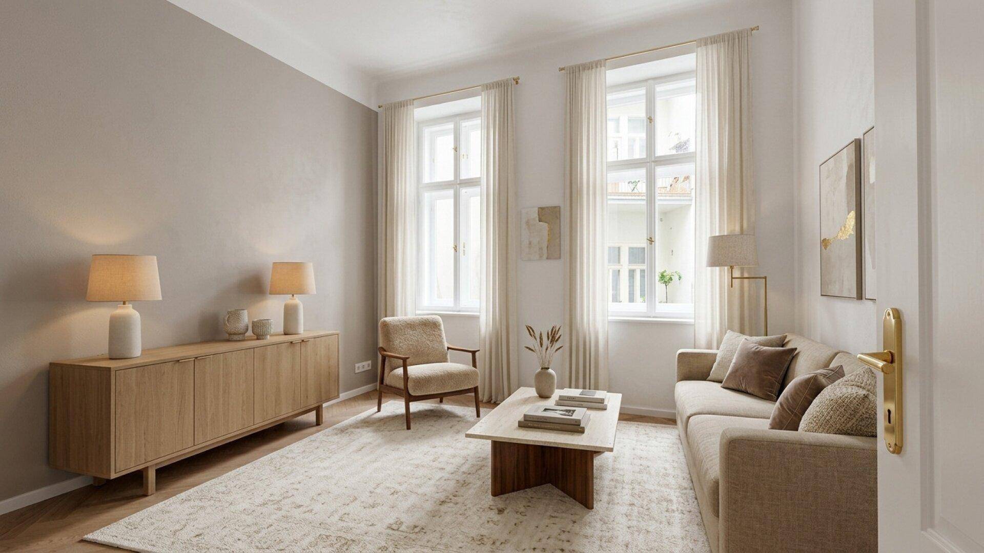 Helles Wohnzimmer mit beigem Sofa, Holzmöbeln und großen Fenstern.
