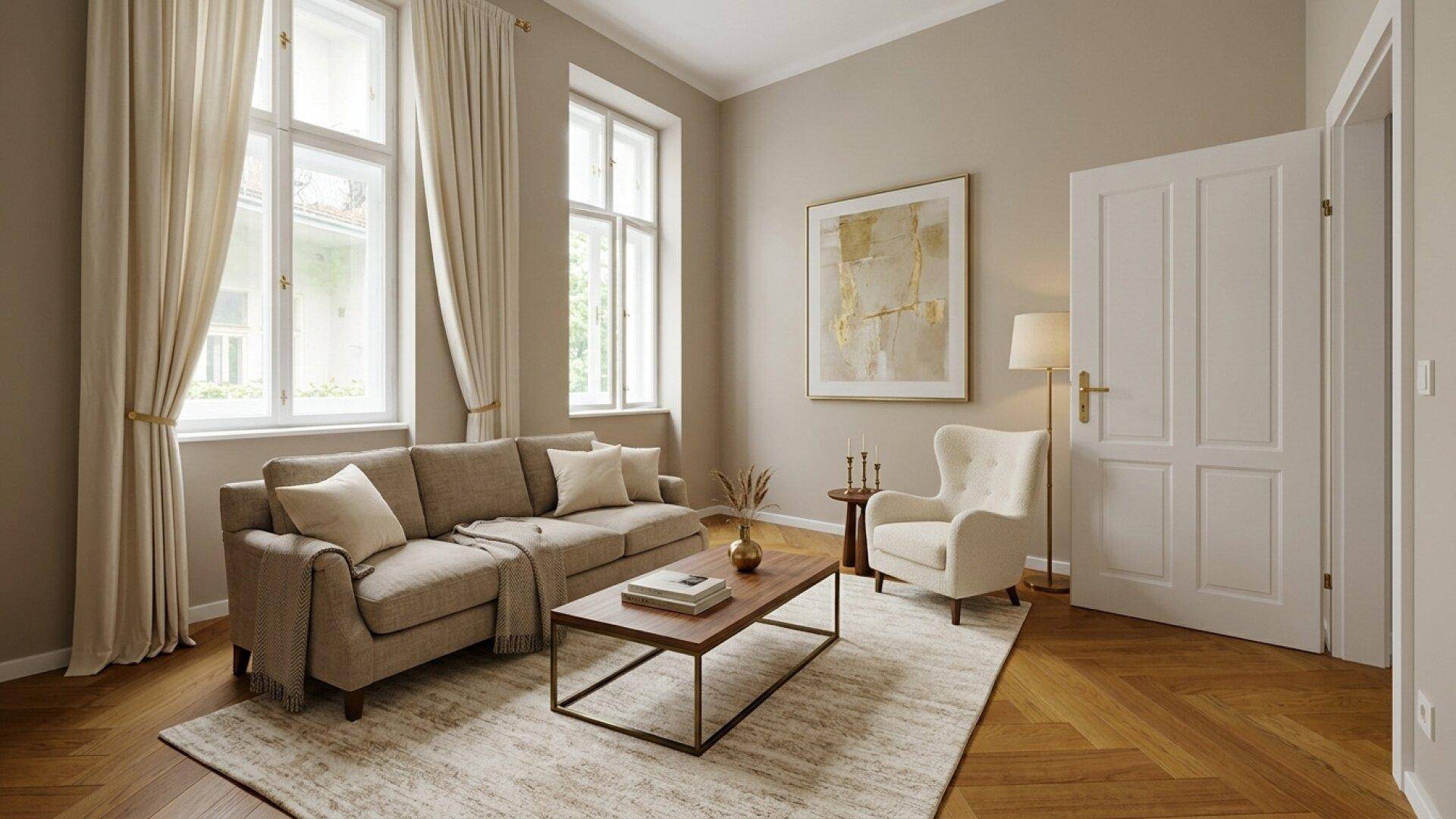 Gemütliches Wohnzimmer mit Sofa, Sessel, Couchtisch und Fischgrätparkett.