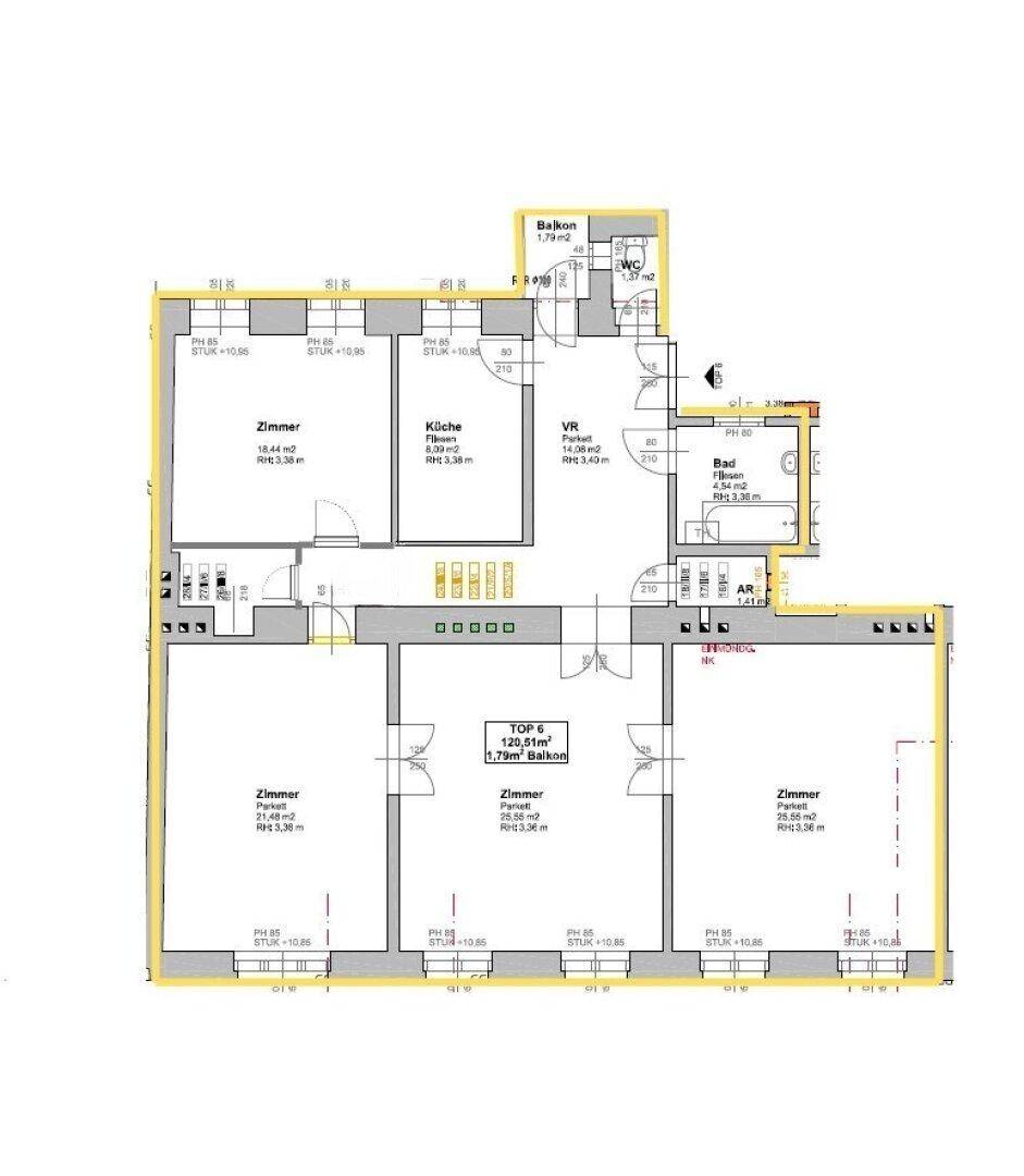 Grundriss einer Wohnung mit mehreren Zimmern, Küche, Bad, separatem WC und Balkon.