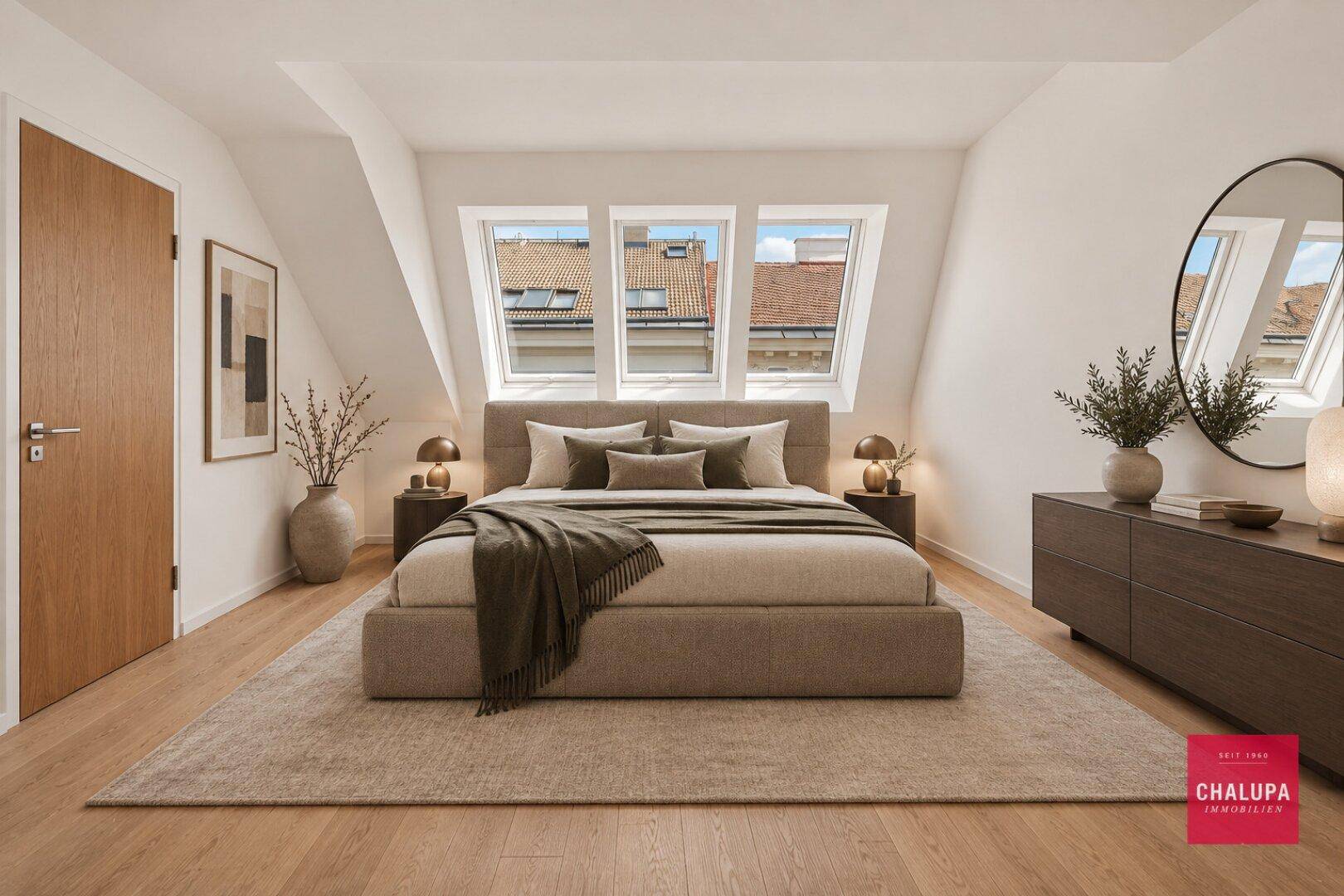 Modern eingerichtetes Schlafzimmer mit Doppelbett, Holzboden und hellen Dachfenstern.