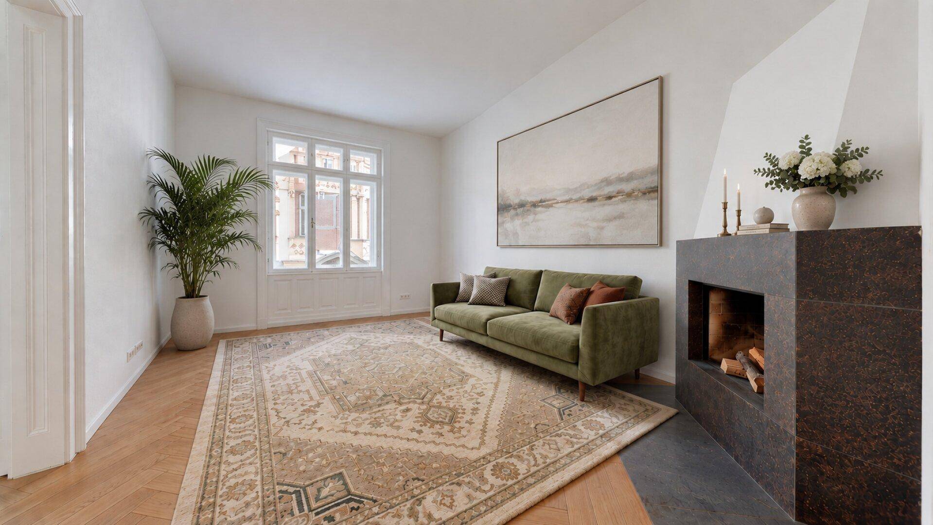 Gemütliches Wohnzimmer mit grünem Sofa, modernem Kamin und großem Teppich.