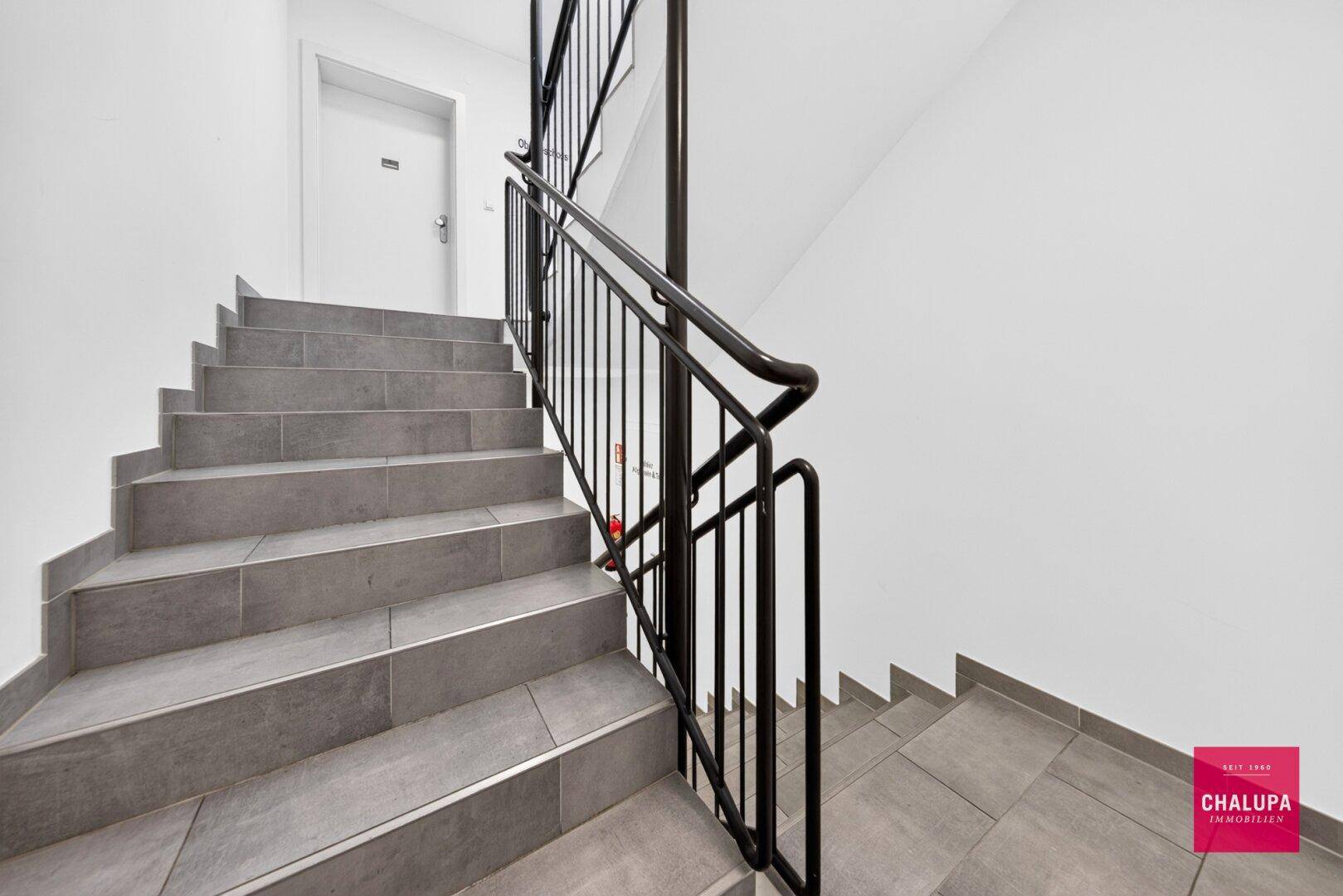Modernes Treppenhaus mit grauen Fliesenstufen und schwarzem Geländer im Gebäude.