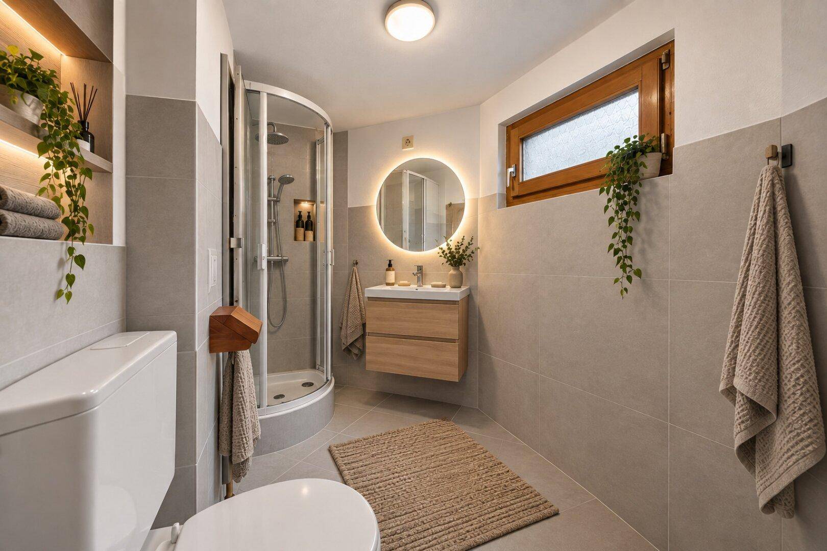 Modern renoviertes Badezimmer mit grauen Fliesen, beleuchtetem Spiegel, Holzwaschtisch und Duschkabine.