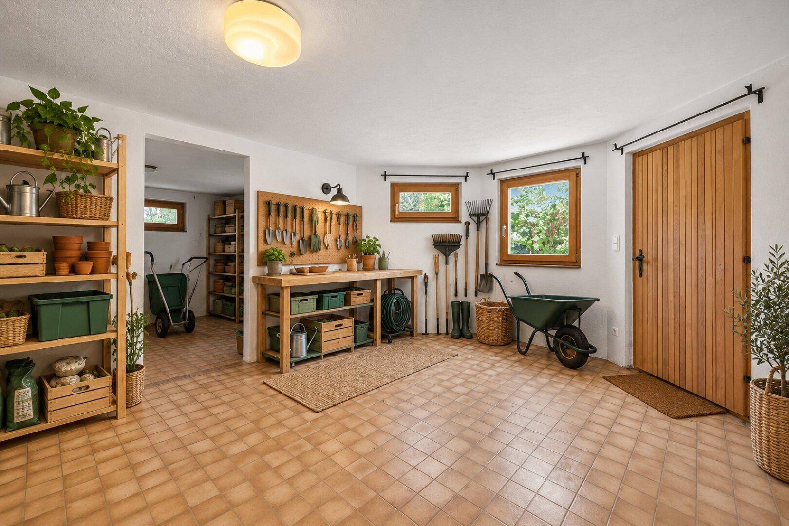 Umgestalteter Kellerraum als Gartenwerkstatt mit Werkbank, Regalen und Gartengeräten.