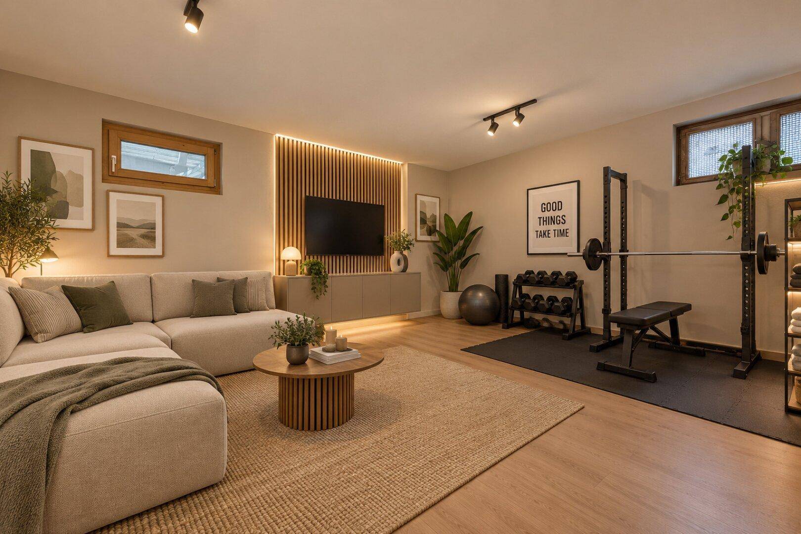 Moderner Wohnbereich im Untergeschoss kombiniert mit einem Fitnessbereich und stilvoller Einrichtung.