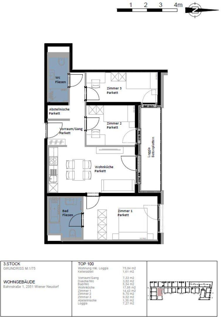 Grundriss einer Wohnung im 3. Stock mit drei Zimmern, Wohnküche und Loggia.