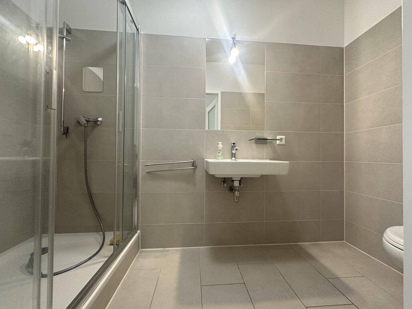 Modernes Badezimmer mit grauen Fliesen, Dusche, Waschbecken und Wand-WC.