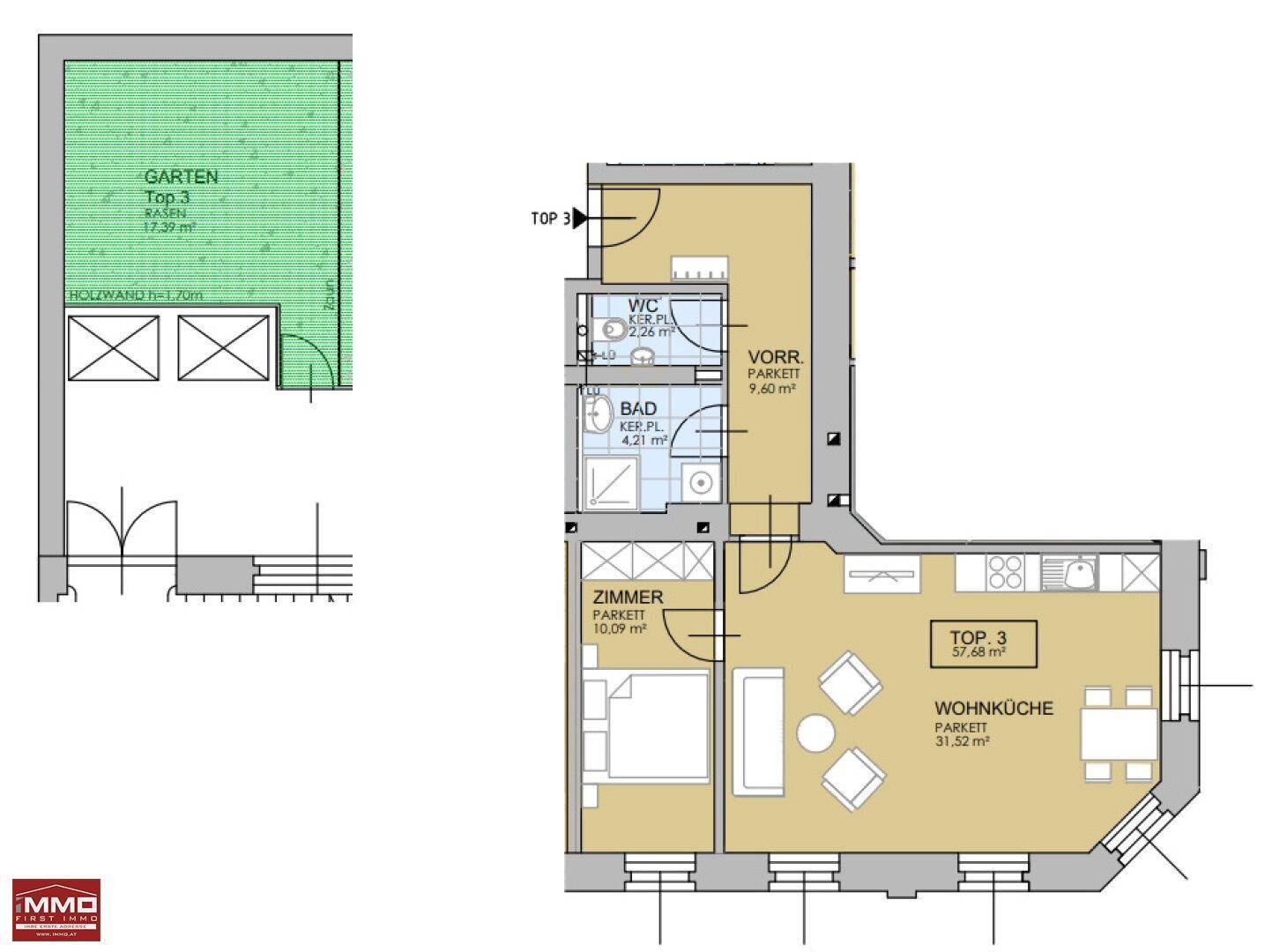 Grundriss der Wohnung mit Garten, WC, Bad, Zimmer und offener Wohnküche.