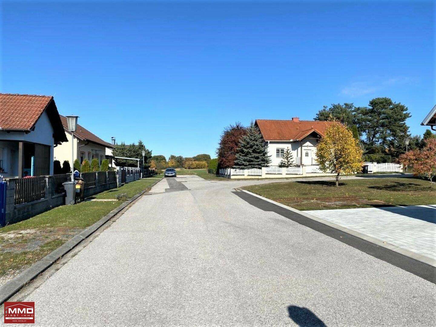 Ruhige Wohnstraße mit Einfamilienhäusern und gepflegten Gärten an einem sonnigen Tag.