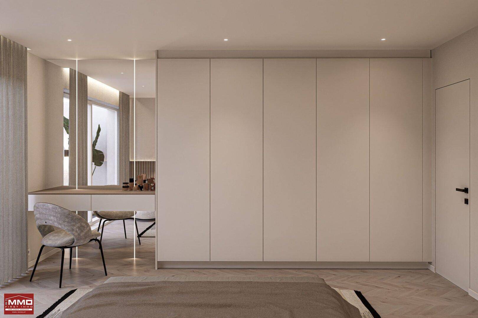 Schlafzimmer mit Einbauschränken, Schminktisch und Zugang zu einem Außenbereich.