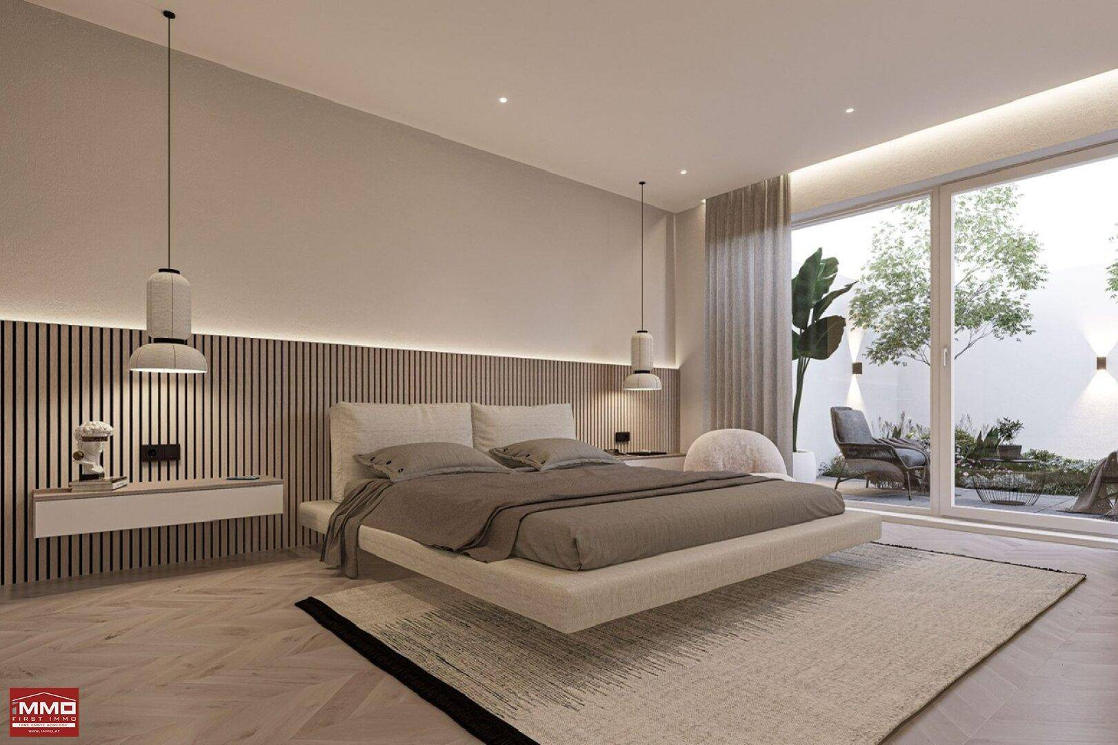 Modernes Schlafzimmer mit Holzboden, großen Fenstern und Zugang zu einem privaten Außenbereich.
