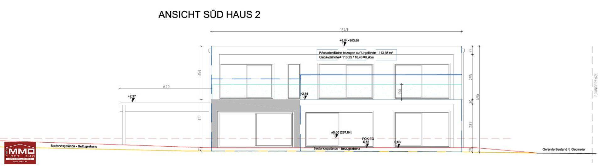 Ansicht der Südfassade von Haus 2 mit großen Fenstern und Balkonen.