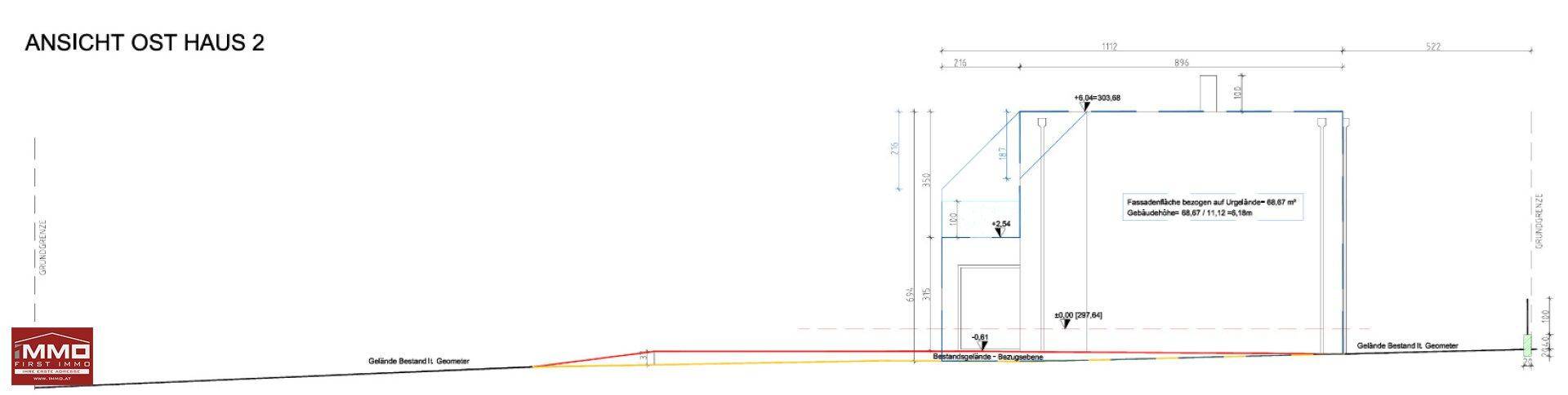 Ansicht der Ostfassade von Haus 2 mit minimalistischem Design und klaren Strukturen.