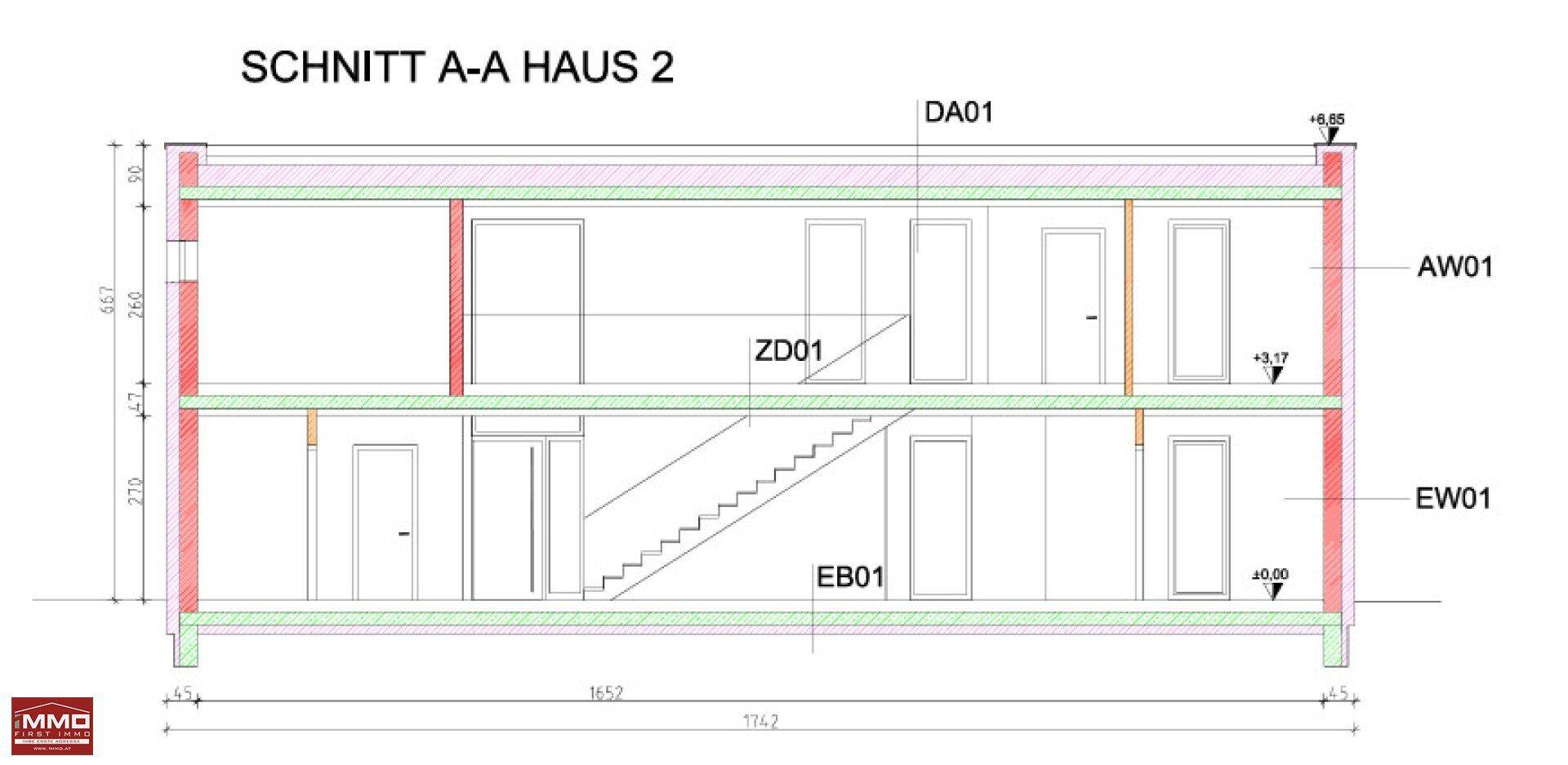 Schnittansicht A-A von Haus 2 zeigt die interne Struktur und Geschosseinteilung.
