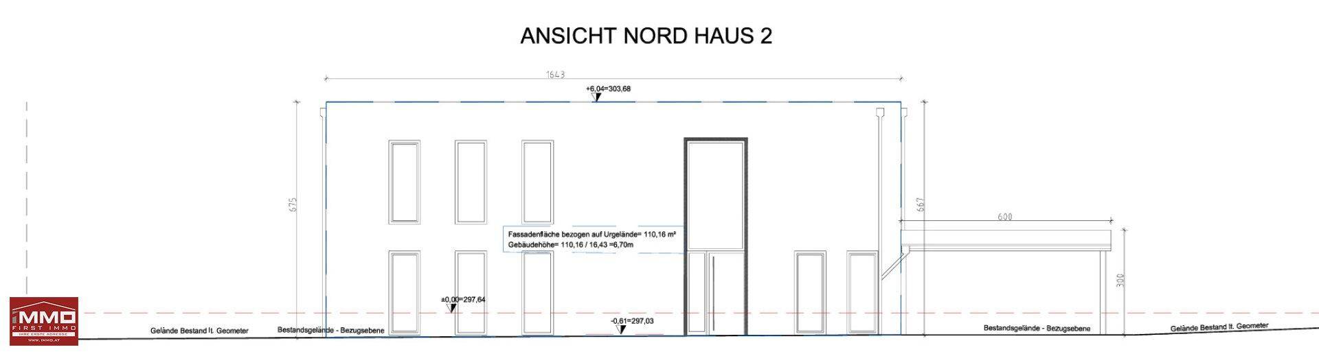 Ansicht der Nordfassade von Haus 2 mit mehreren Fenstern und klaren Linien.
