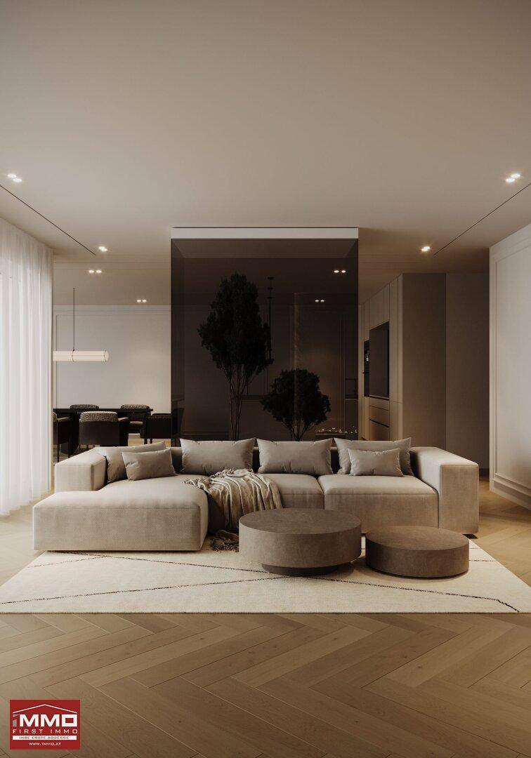 Modernes Wohnzimmer mit großem Ecksofa, Couchtischen und Fischgrätparkettboden.